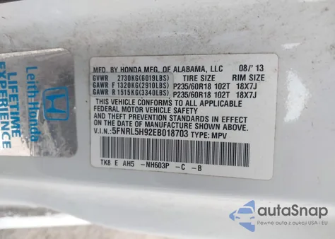 2014 Honda Odyssey Touring/Touring Elite z USA, uszkodzony, nr VIN 5FNRL5H92EB018703